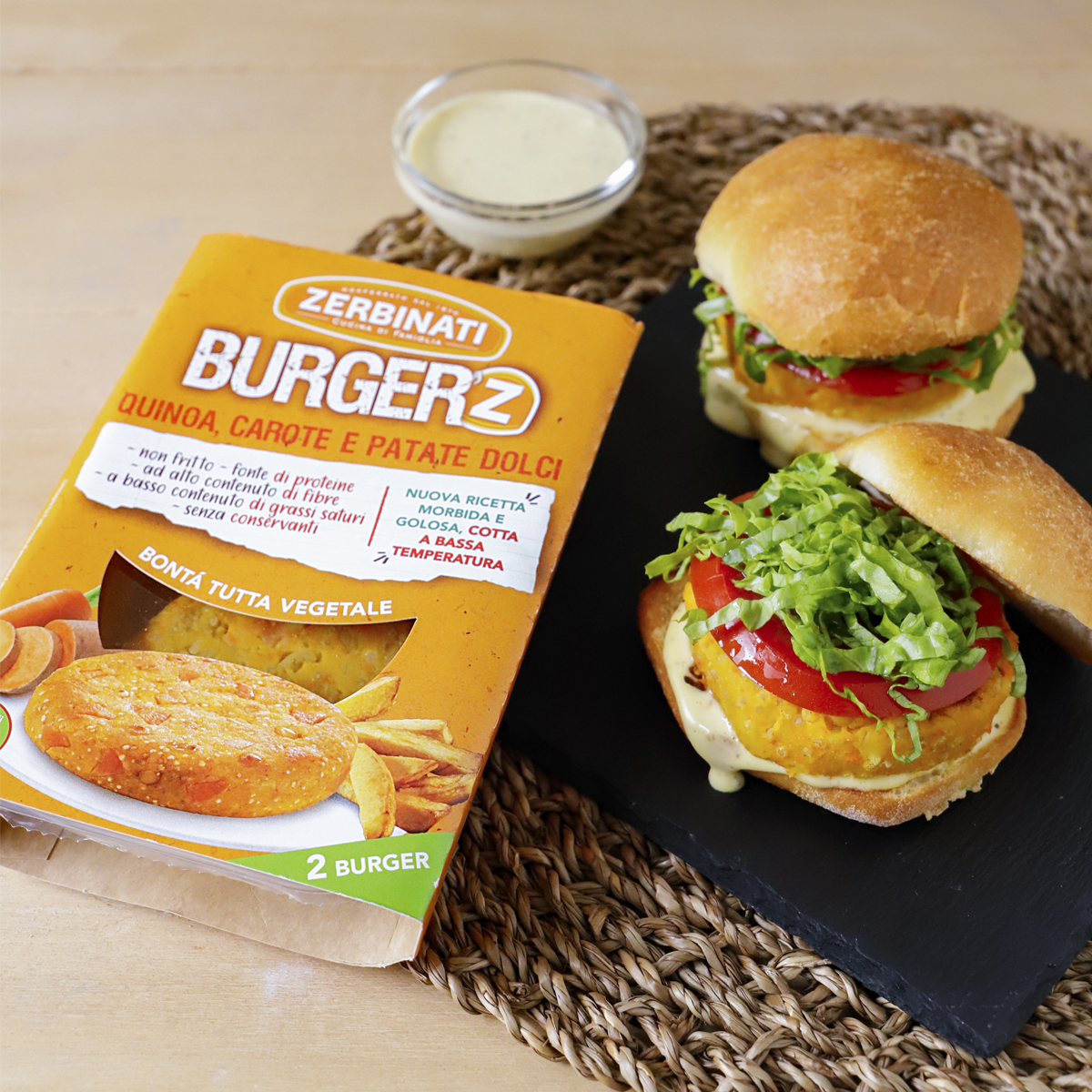 Burger’Z con Quinoa, Carote e Patate Dolci con maionese al rosmarino